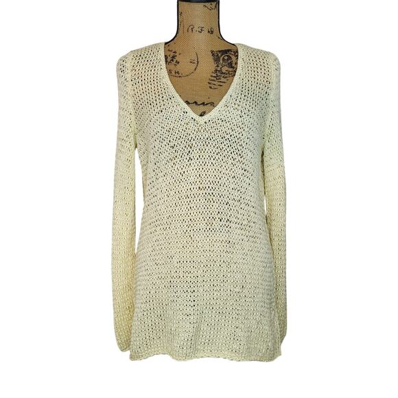 J. Jill Shiny Soft Butter Loose Weave V-Neck Tunic Cotton Blend Sweater Size Lg - Picture 2 of 8